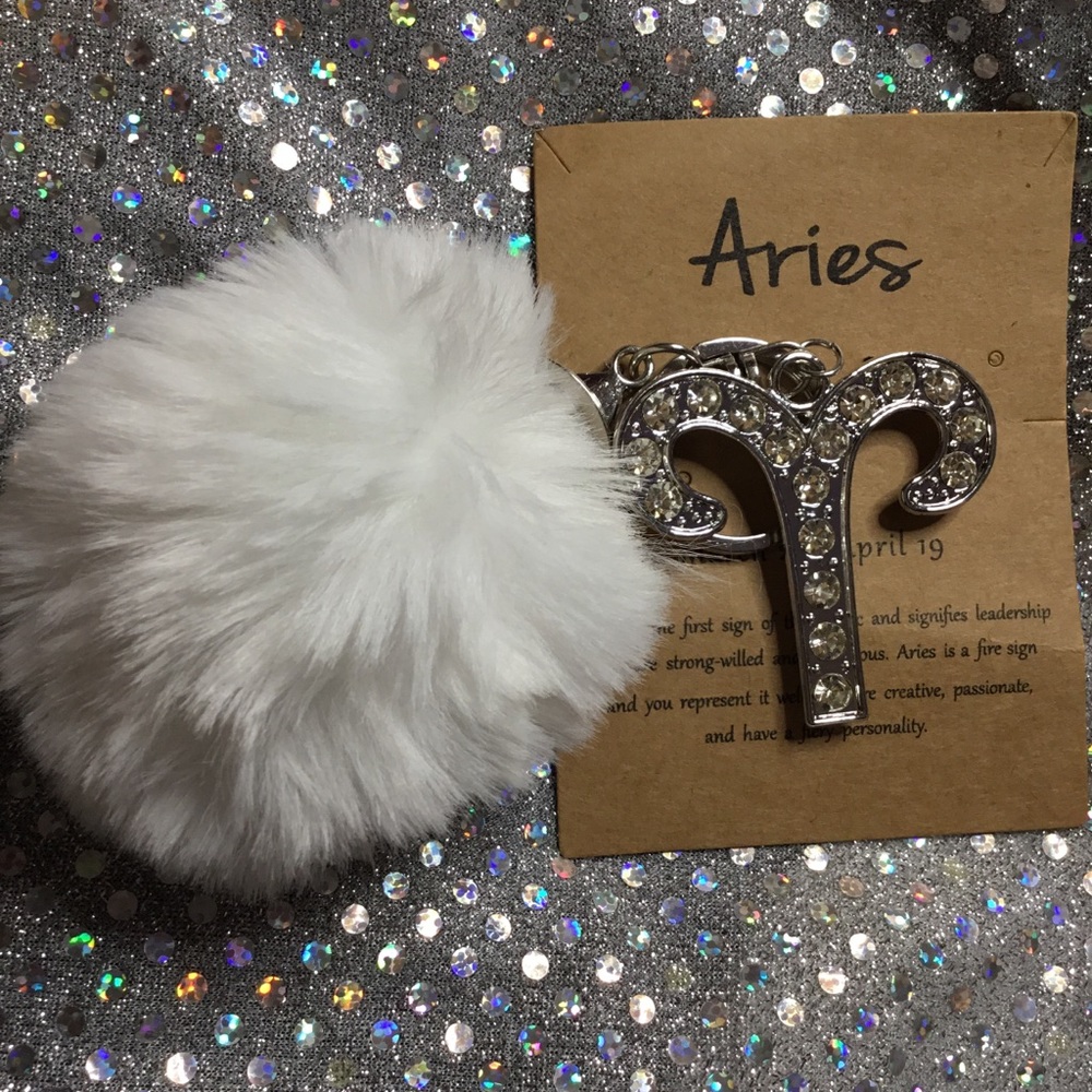 White Fluffy Keychain with Silver Aries Charm